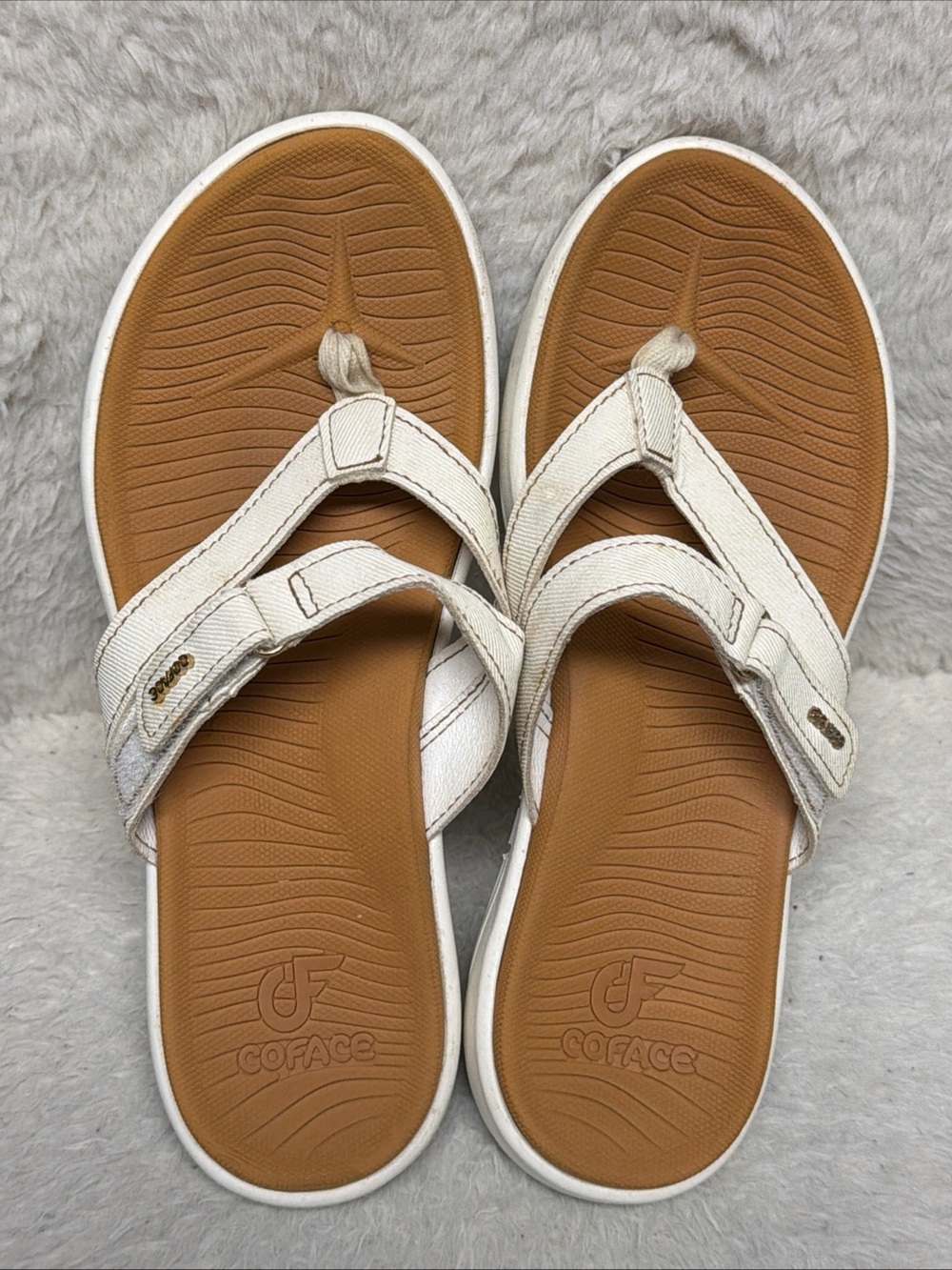 COFACE Women's White and Tan Comfort OrthopedicThong Sandals GUC
